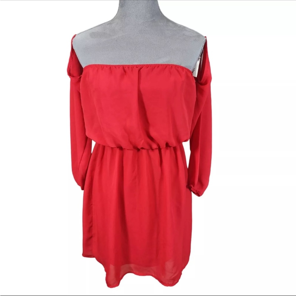 Rachel Kate  Red Off-Shoulder sheer sleeves dress. Size small fully lined. NWT